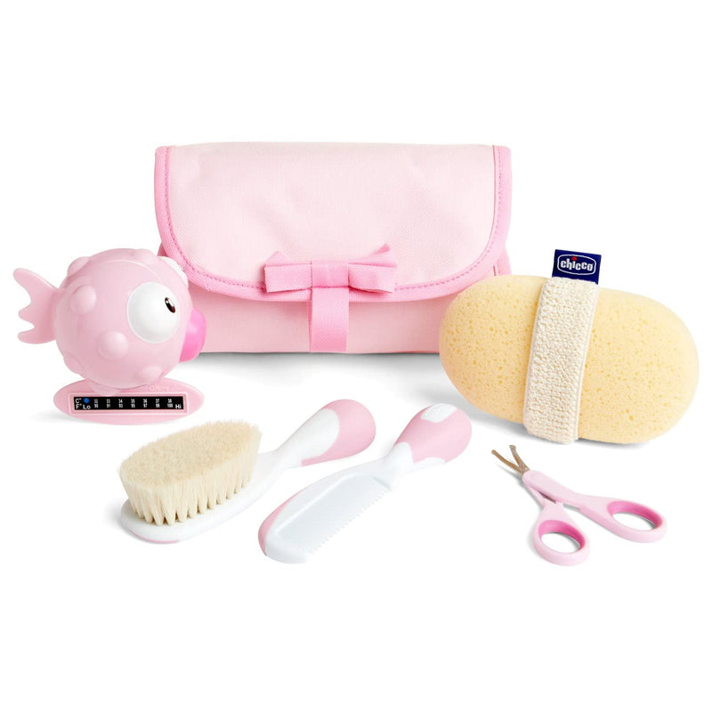 Chicco Baby Bath Set, Gift Idea, Baby Gift, with Comb, Soft Brush, Thermometer, Sponge Bath Glove and a Pair of Scissors, Baby Hygiene, Baby Bath Products, Pink