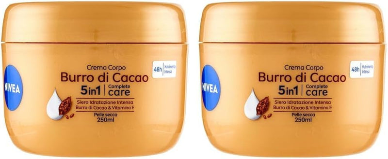 NIVEA Crema Corpo Burro di Cacao 250ml, Crema corpo idratante 48 ore, Crema corpo idratante pelle secca arricchita con Siero Idratazione Intensa, Burro di Cacao & Vitamina E (Confezione da 2)