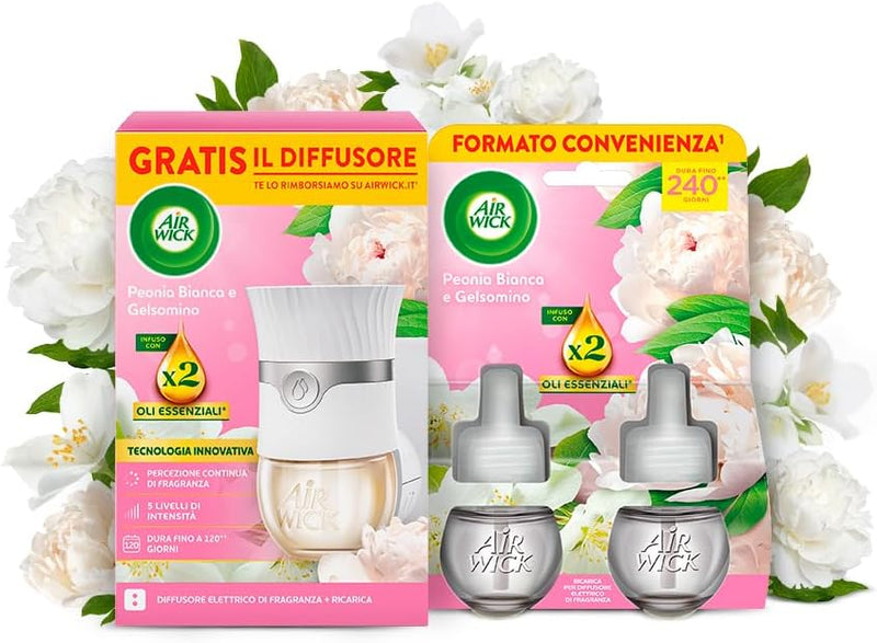 Air Wick Diffusore Elettrico di Oli Essenziali, 1 Diffusore Completo Gadget e Ricarica + 2 Ricariche alla Fragranza Peonia Bianca e Gelsomino