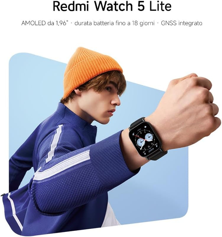 Xiaomi Redmi Watch 5 Lite, Smartwatch with AMOLED Display 1.96 inches, Built-in GNSS, Bluetooth Calls, 18 Days Autonomy, 5ATM Water Resistance, Health and Sleep Monitor, 150+ Fitness Modes, Black