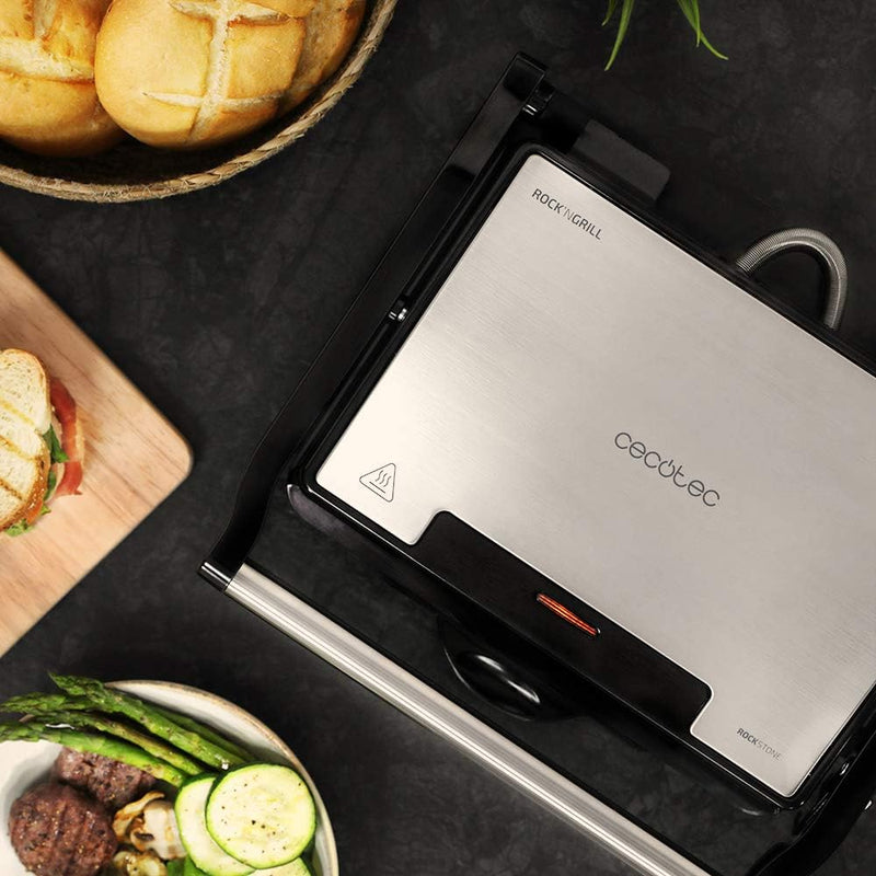 Cecotec Griglia Elettrica Rock'Ngrill 1500 Rapid. 1500 W, Rivestimento Rockstone, Piastra Superiore Regolabile in Altezza, Vassoio Raccogli Grasso, Rivestimento Ecologico, 12,4x30,8x33,2 cm