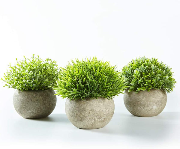 Jobary Set of 3 Green Grass Plants in Grey Pots, Artificial Fake Plants, Small Fake Decorative Plants, Ideal for Home Office Bathroom Kitchen or Outdoor Decorations