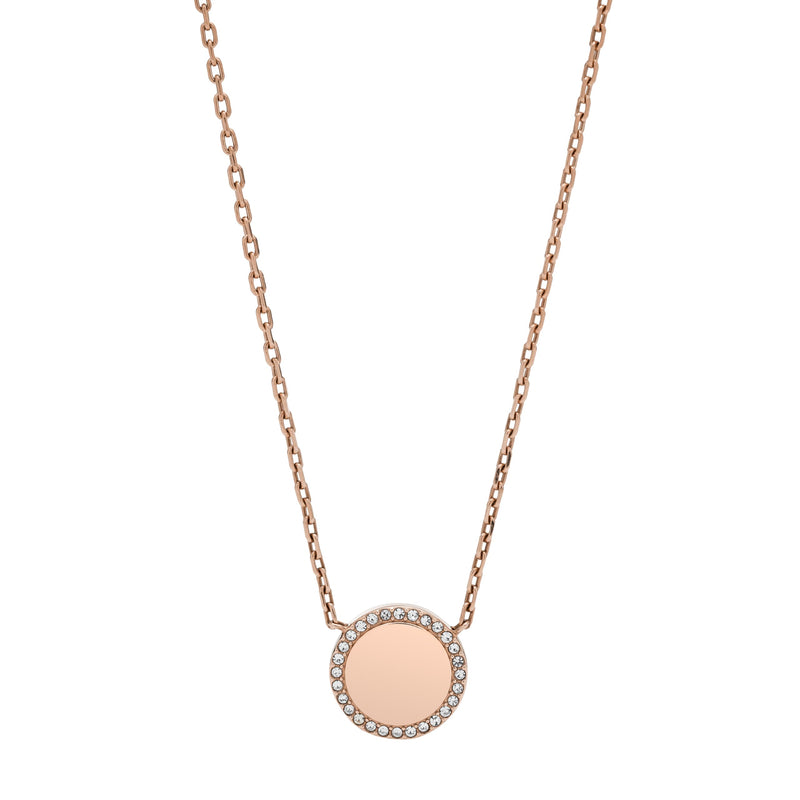 Fossil Collana con ciondolo rotondo da donna in acciaio inossidabile con chiusura a moschettone, tonalità oro rosa