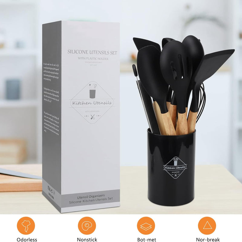 Kitchen Utensils Set, hicoosee 22 Pieces BPA-Free Silicone Kitchen Ladles with Wooden Handle Non-Stick Kitchen Cooking Tool Heat Resistant with 10 S Hooks, Black