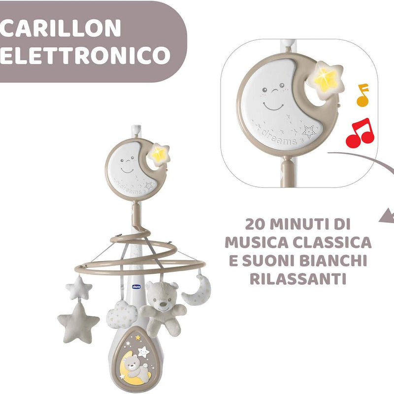 Chicco Next2Dreams 3in1 Baby Mobile with Electronic Music Box for Cot and Cot, Compatible with Chicco Next2Me Cradle, with Sound Effects, Soft Light Projector, Music - 0+ Months, Neutral