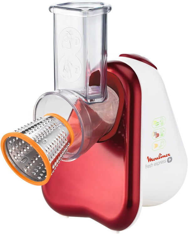 Moulinex DJ755G10 Fresh Express Plus Electric Grater Slicer, 5 Cutting Functions, 200 W, 1 L, 1 Decibel, Plastic, Red