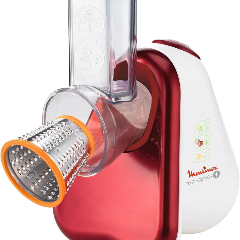 Moulinex DJ755G10 Fresh Express Plus Electric Grater Slicer, 5 Cutting Functions, 200 W, 1 L, 1 Decibel, Plastic, Red