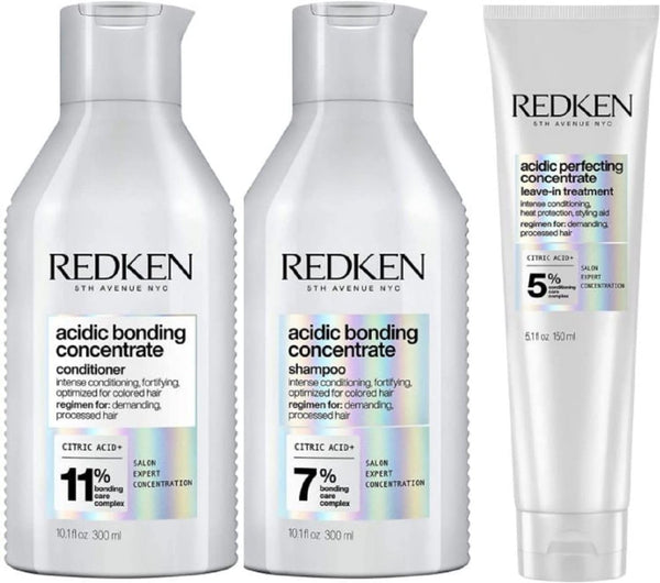 Redken | KIT Shampoo + Balsamo + Trattamento Leave-In, Routine Professionale per Capelli Danneggiati, Acidic Bonding Concentrate