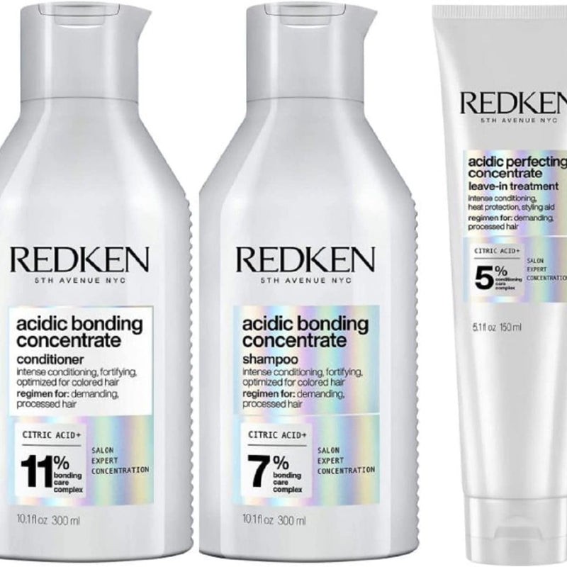 Redken | KIT Shampoo + Balsamo + Trattamento Leave-In, Routine Professionale per Capelli Danneggiati, Acidic Bonding Concentrate