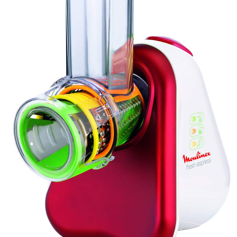 Moulinex DJ755G10 Fresh Express Plus Electric Grater Slicer, 5 Cutting Functions, 200 W, 1 L, 1 Decibel, Plastic, Red
