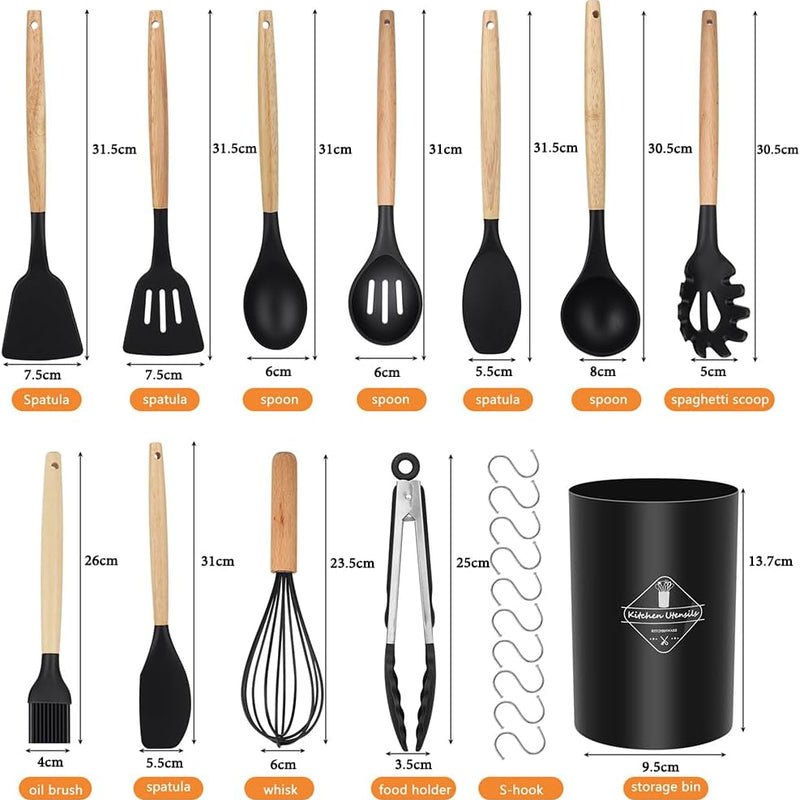 Kitchen Utensils Set, hicoosee 22 Pieces BPA-Free Silicone Kitchen Ladles with Wooden Handle Non-Stick Kitchen Cooking Tool Heat Resistant with 10 S Hooks, Black