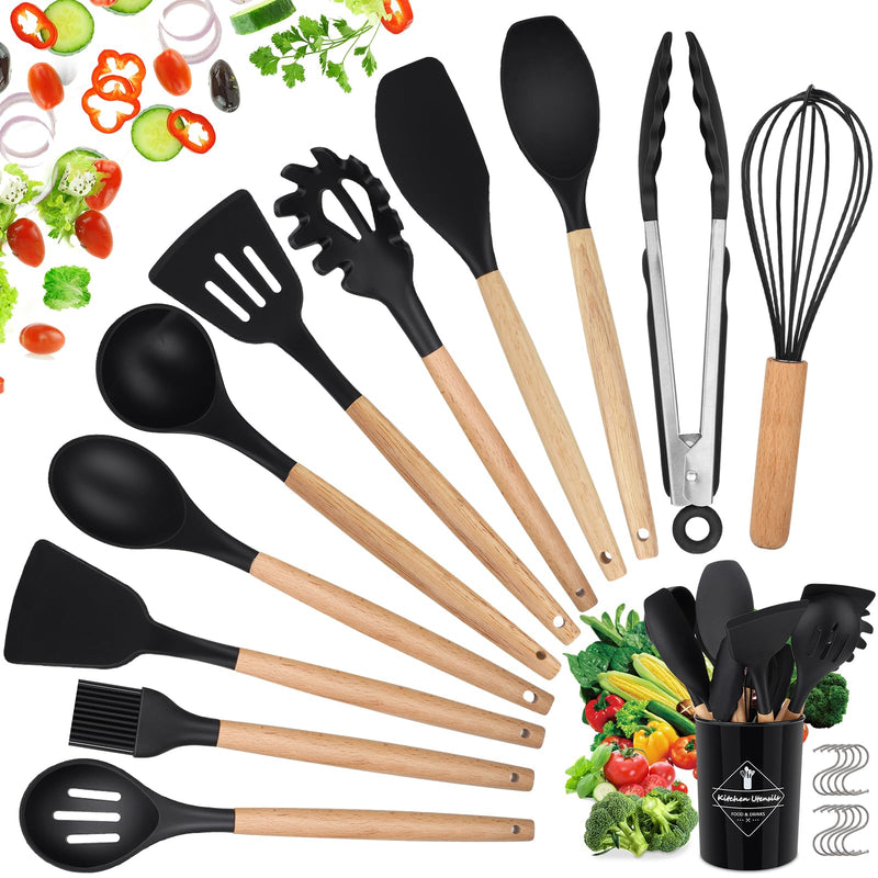 Kitchen Utensils Set, hicoosee 22 Pieces BPA-Free Silicone Kitchen Ladles with Wooden Handle Non-Stick Kitchen Cooking Tool Heat Resistant with 10 S Hooks, Black