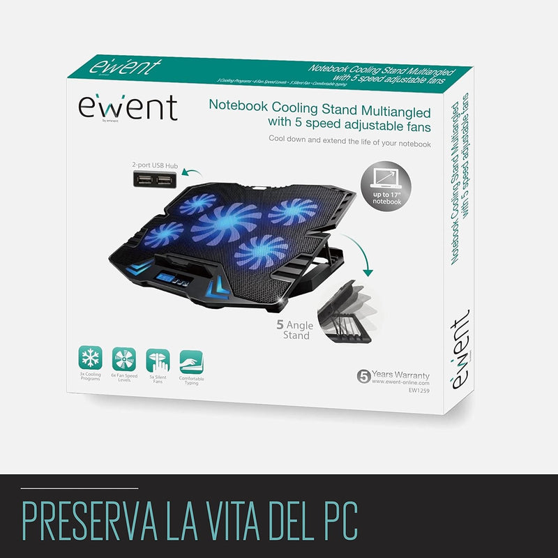Ewent EW1259 Laptop Cooling System Stand for Notebook, MacBook 15.6 / 17 Inch with 5 Quiet Fans with Adjustable Speed and LED Light, 30 x 37 x 3.8 cm