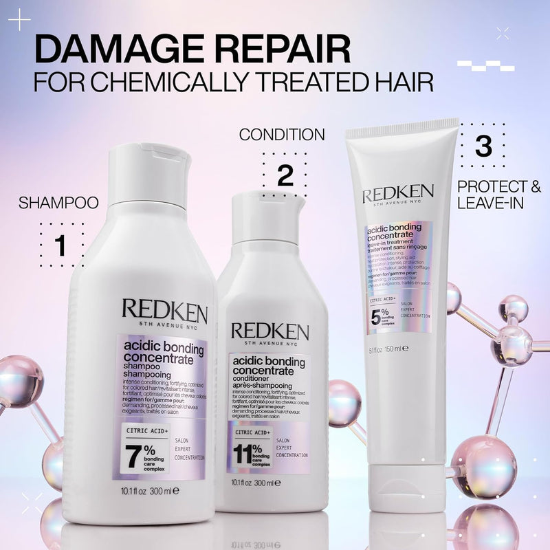 Redken | KIT Shampoo + Balsamo + Trattamento Leave-In, Routine Professionale per Capelli Danneggiati, Acidic Bonding Concentrate