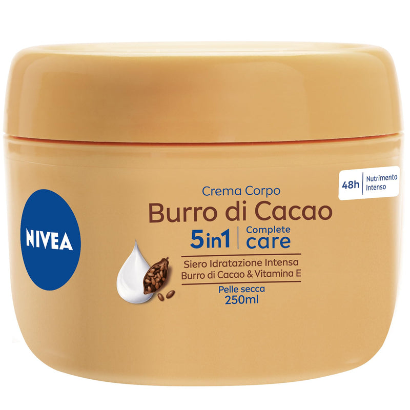 NIVEA Crema Corpo Burro di Cacao 250ml, Crema corpo idratante 48 ore, Crema corpo idratante pelle secca arricchita con Siero Idratazione Intensa, Burro di Cacao & Vitamina E (Confezione da 2)