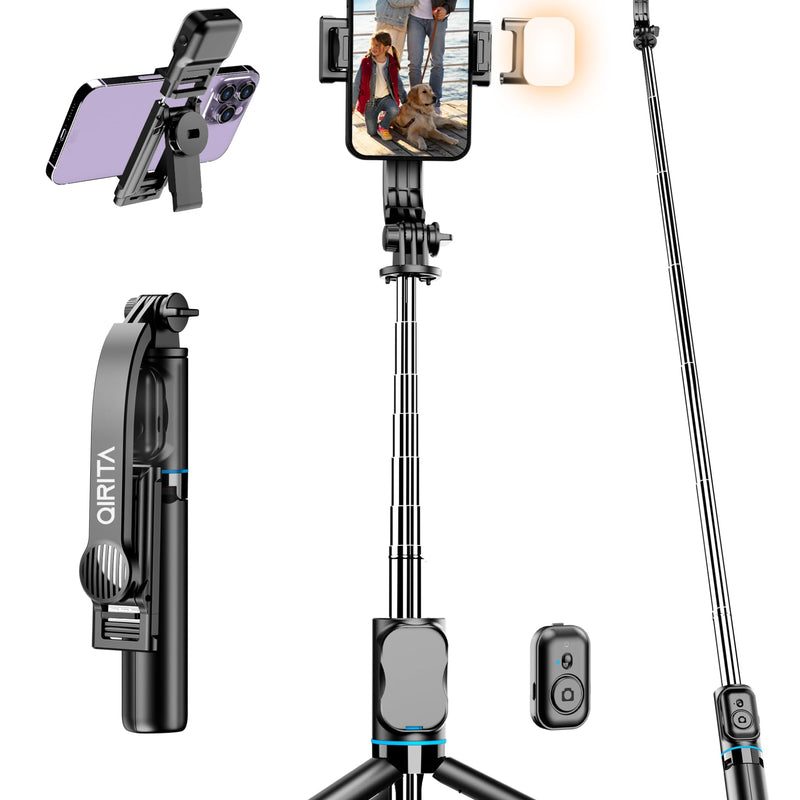 QIRITA Selfie Stick, 41 Inch Extendable Selfie Stick Tripod for Smartphone with Detachable Clip & Wireless Remote Control, 360° Rotation Selfie Stick Compatible with iPhone/Android/Samsung/GoPro