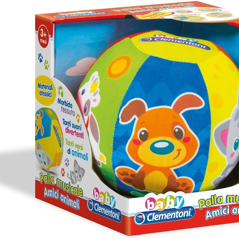 Baby Clementoni - Palla Musicale Amici Animali, Gioco Elettronico per Bambini 3+ Mesi, con Suoni e Dolci Melodie, in Morbida Stoffa, Stimola Manualità, Tatto e Motricità, Lingua Italiana, 17132