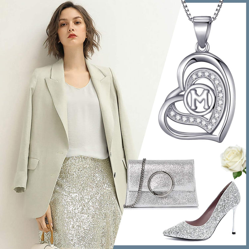Morella Women's Heart Necklace with Different Letters with White Cubic Zirconia 46 cm 925 Silver Rhodium-Plated