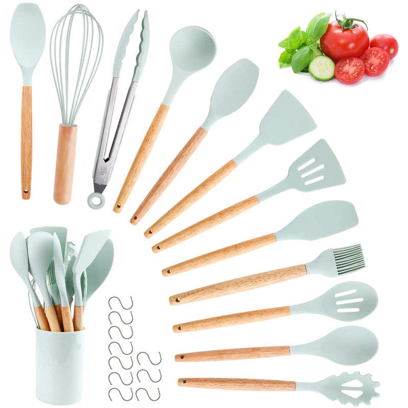 Kitchen Utensils Set, hicoosee 22 Pieces BPA-Free Silicone Kitchen Ladles with Wooden Handle Non-Stick Kitchen Cooking Tool Heat Resistant with 10 S Hooks, Black