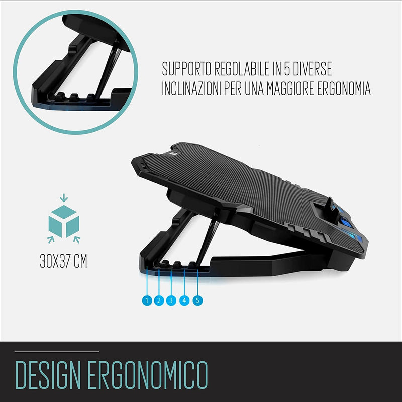 Ewent EW1259 Laptop Cooling System Stand for Notebook, MacBook 15.6 / 17 Inch with 5 Quiet Fans with Adjustable Speed and LED Light, 30 x 37 x 3.8 cm