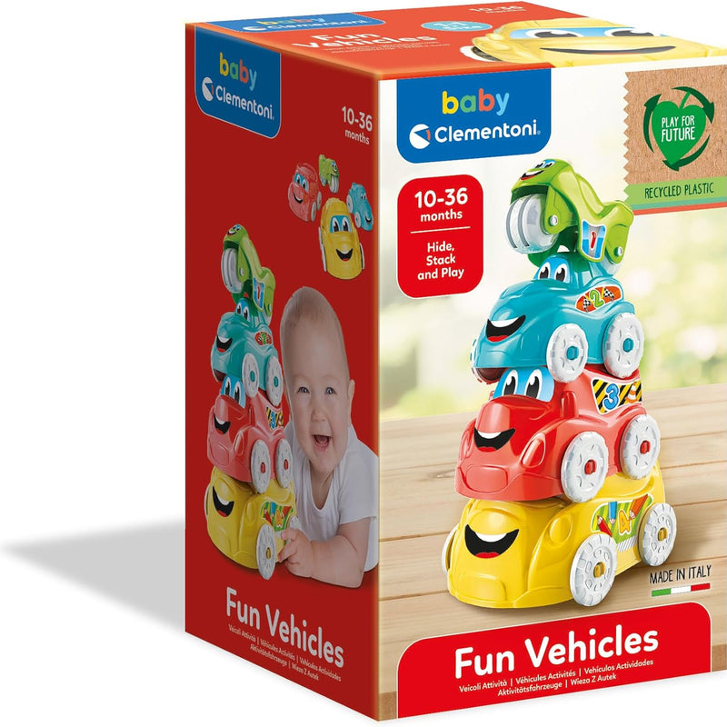Baby Clementoni – Activity Vehicles, Cars for Children 10+ Months, Early Childhood Toy Made in Italy, Play For Future, 4 Stacking Vehicles for Developing Coordination, Manuality and Creativity, 17111