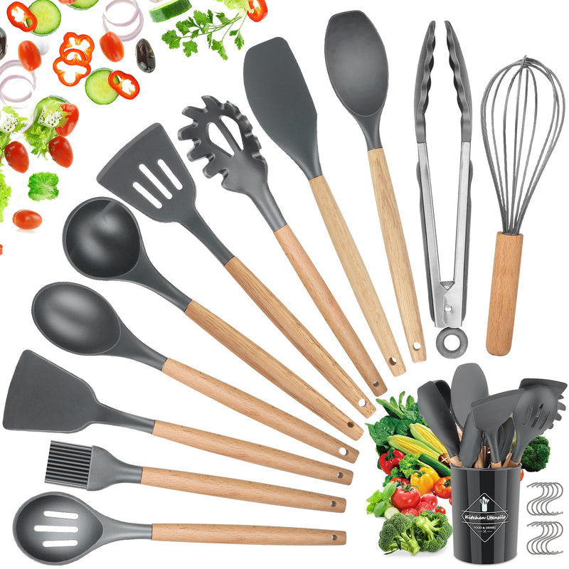 Kitchen Utensils Set, hicoosee 22 Pieces BPA-Free Silicone Kitchen Ladles with Wooden Handle Non-Stick Kitchen Cooking Tool Heat Resistant with 10 S Hooks, Black