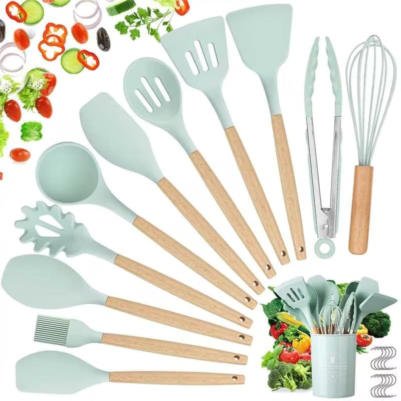 Kitchen Utensils Set, hicoosee 22 Pieces BPA-Free Silicone Kitchen Ladles with Wooden Handle Non-Stick Kitchen Cooking Tool Heat Resistant with 10 S Hooks, Black