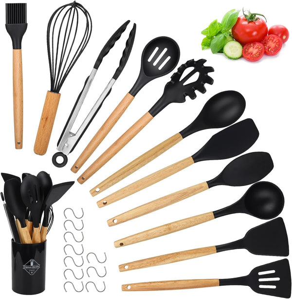 Kitchen Utensils Set, hicoosee 22 Pieces BPA-Free Silicone Kitchen Ladles with Wooden Handle Non-Stick Kitchen Cooking Tool Heat Resistant with 10 S Hooks, Black