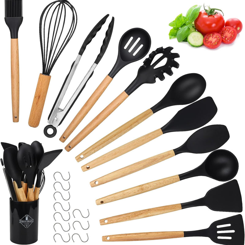 Kitchen Utensils Set, hicoosee 22 Pieces BPA-Free Silicone Kitchen Ladles with Wooden Handle Non-Stick Kitchen Cooking Tool Heat Resistant with 10 S Hooks, Black