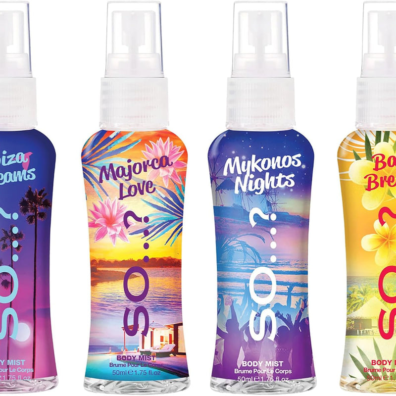 So…? Summer Escapes Womens Gift Sets Bundle, Body Mist Fragrance Spray (4x50ml)