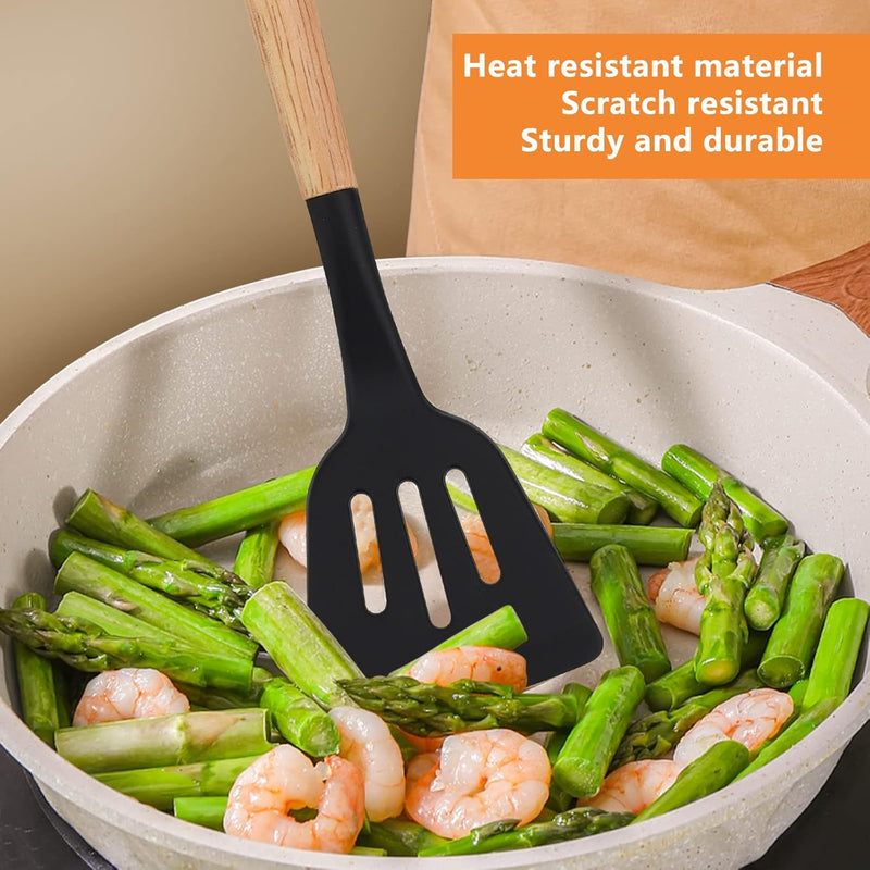 Kitchen Utensils Set, hicoosee 22 Pieces BPA-Free Silicone Kitchen Ladles with Wooden Handle Non-Stick Kitchen Cooking Tool Heat Resistant with 10 S Hooks, Black