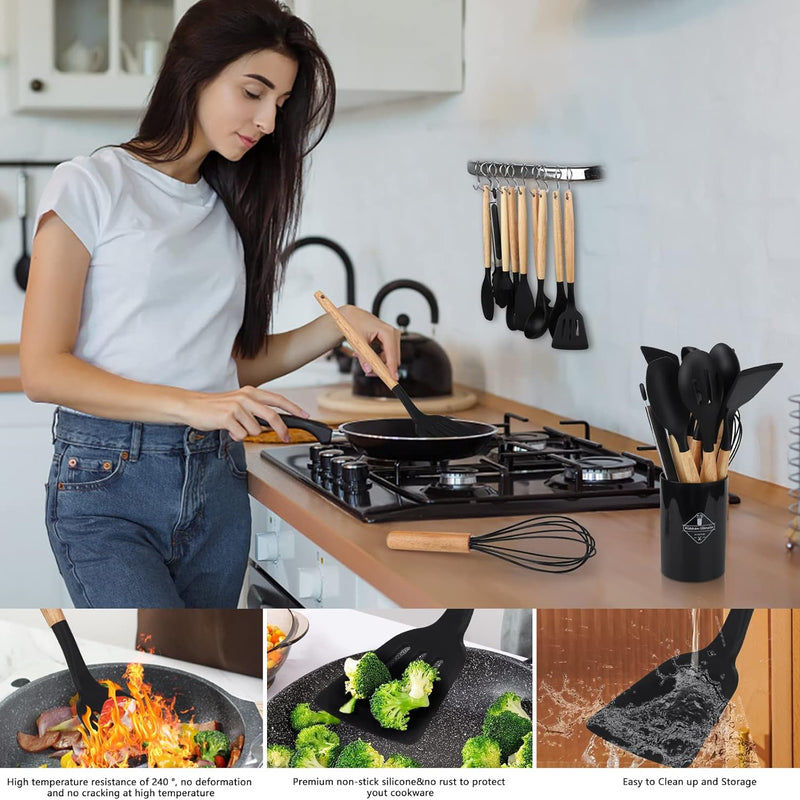 Kitchen Utensils Set, hicoosee 22 Pieces BPA-Free Silicone Kitchen Ladles with Wooden Handle Non-Stick Kitchen Cooking Tool Heat Resistant with 10 S Hooks, Black