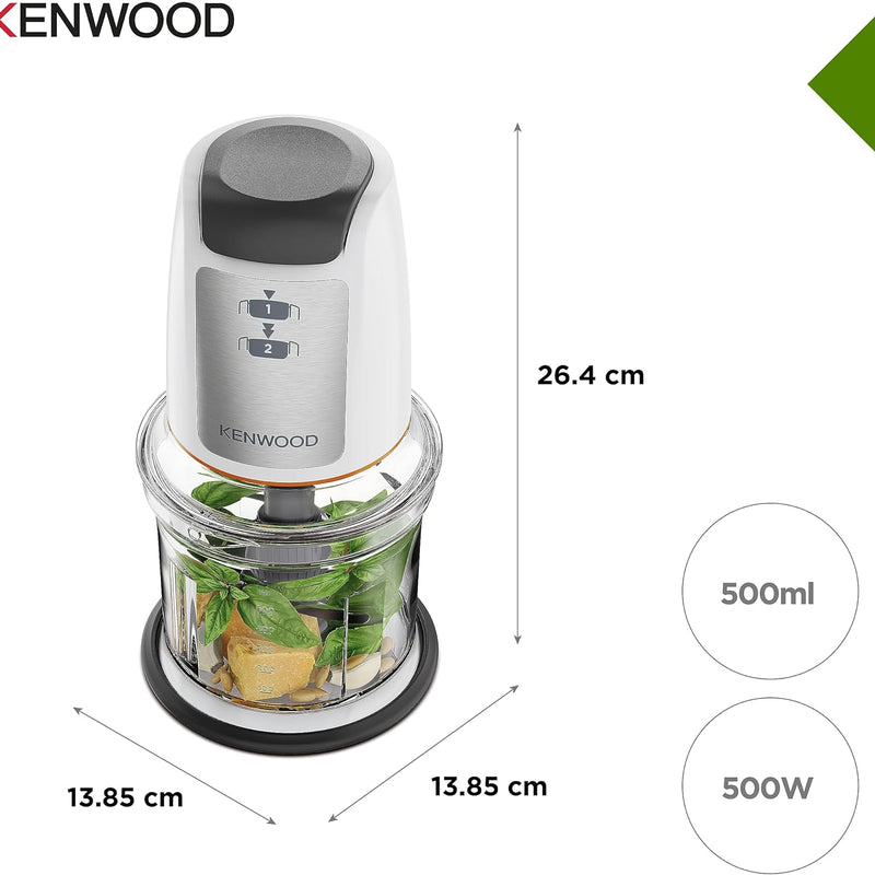 Kenwood Chopper CHP61.100WH, 500W Power, 0.5L Bowl, 2 Speeds, Four Blade System, Non-Slip Ring for Stability of the Chopper, Dishwasher Safe, White/SIlver