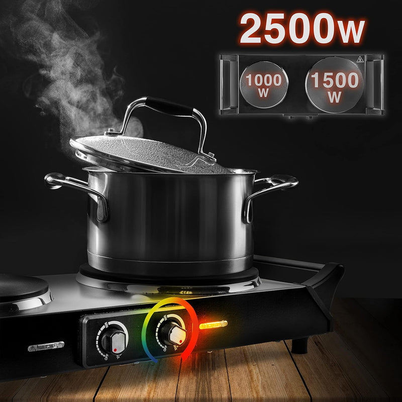 Duronic HP2 BK Electric Stove 2500W 2 Cast Iron Plates with Heat-Insulated Handles Adjustable Temperature Portable Hob for Camping Travel Office and Home Steel I