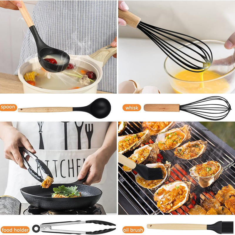 Kitchen Utensils Set, hicoosee 22 Pieces BPA-Free Silicone Kitchen Ladles with Wooden Handle Non-Stick Kitchen Cooking Tool Heat Resistant with 10 S Hooks, Black
