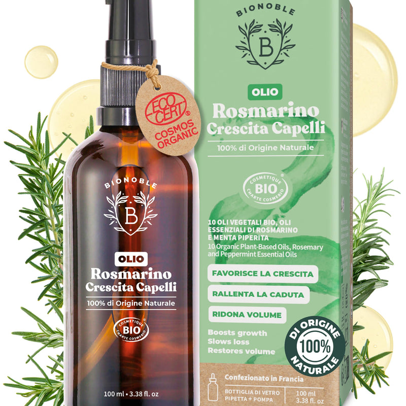 BIONOBLE Rosemary Oil for Organic Hair - Stimulates Growth and Reduces Loss - Rosemary, Castor, Argan and Jojoba Essential Oil - Rosemary Oil for Hair Growth - Glass Bottle + Pipette - 50 ml