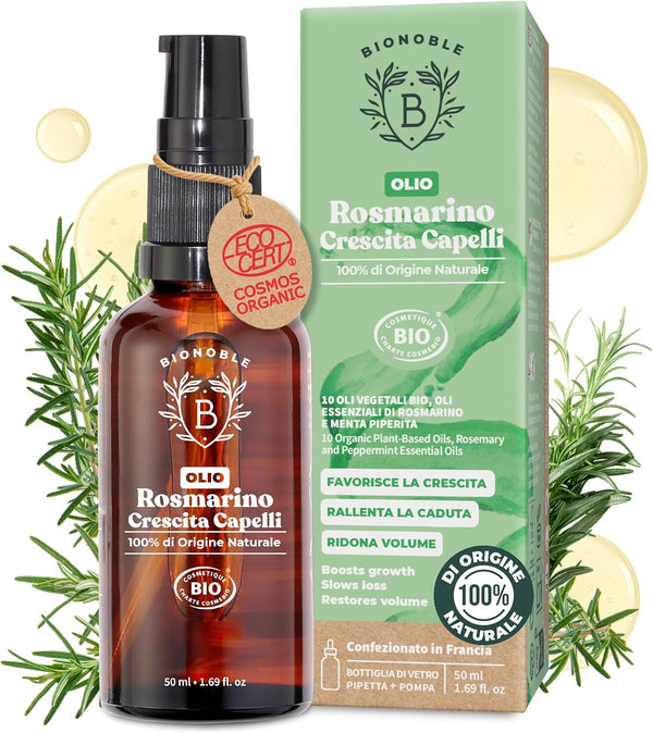 BIONOBLE Rosemary Oil for Organic Hair - Stimulates Growth and Reduces Loss - Rosemary, Castor, Argan and Jojoba Essential Oil - Rosemary Oil for Hair Growth - Glass Bottle + Pipette - 50 ml