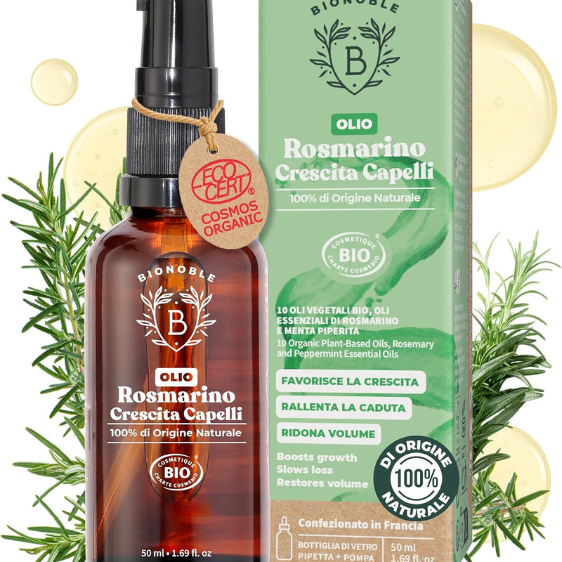 BIONOBLE Rosemary Oil for Organic Hair - Stimulates Growth and Reduces Loss - Rosemary, Castor, Argan and Jojoba Essential Oil - Rosemary Oil for Hair Growth - Glass Bottle + Pipette - 50 ml