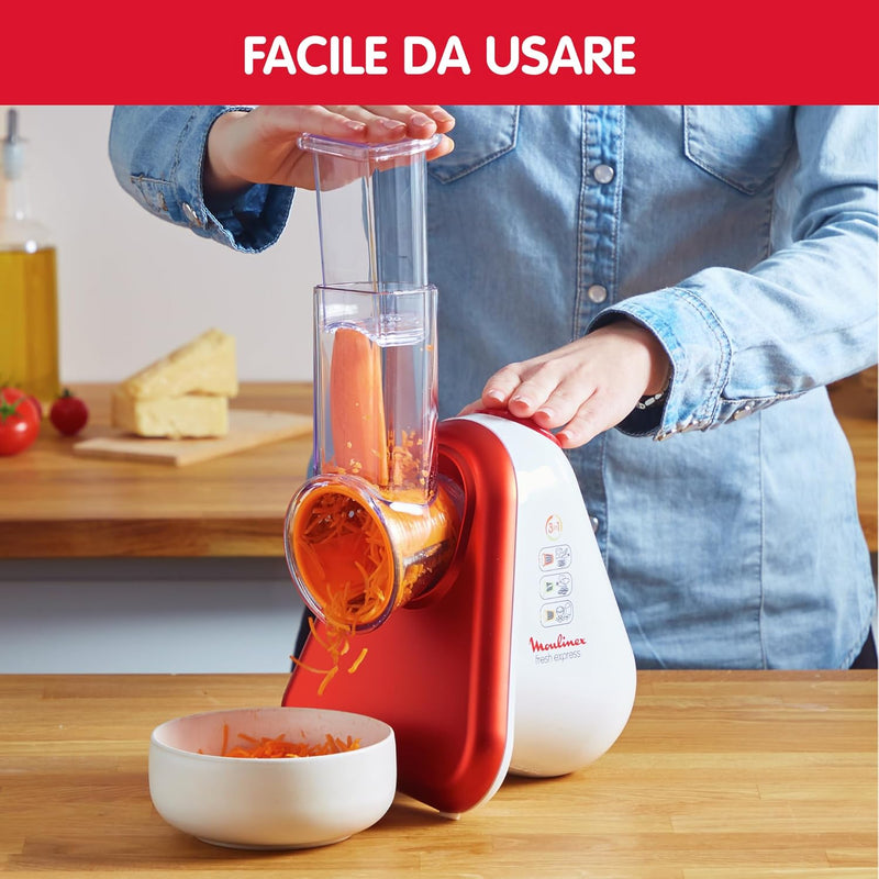 Moulinex DJ755G10 Fresh Express Plus Electric Grater Slicer, 5 Cutting Functions, 200 W, 1 L, 1 Decibel, Plastic, Red