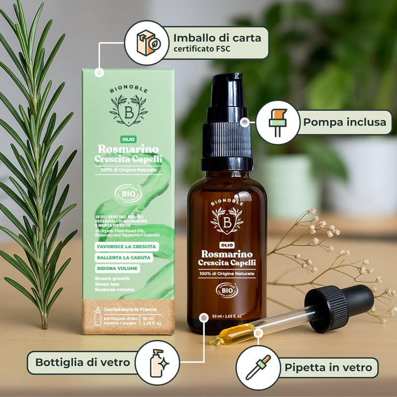 BIONOBLE Rosemary Oil for Organic Hair - Stimulates Growth and Reduces Loss - Rosemary, Castor, Argan and Jojoba Essential Oil - Rosemary Oil for Hair Growth - Glass Bottle + Pipette - 50 ml