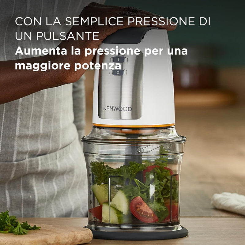 Kenwood Chopper CHP61.100WH, 500W Power, 0.5L Bowl, 2 Speeds, Four Blade System, Non-Slip Ring for Stability of the Chopper, Dishwasher Safe, White/SIlver