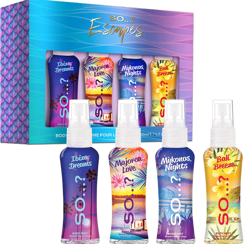 So…? Summer Escapes Womens Gift Sets Bundle, Body Mist Fragrance Spray (4x50ml)