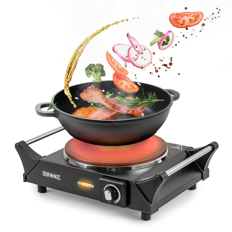 Duronic HP2 BK Electric Stove 2500W 2 Cast Iron Plates with Heat-Insulated Handles Adjustable Temperature Portable Hob for Camping Travel Office and Home Steel I