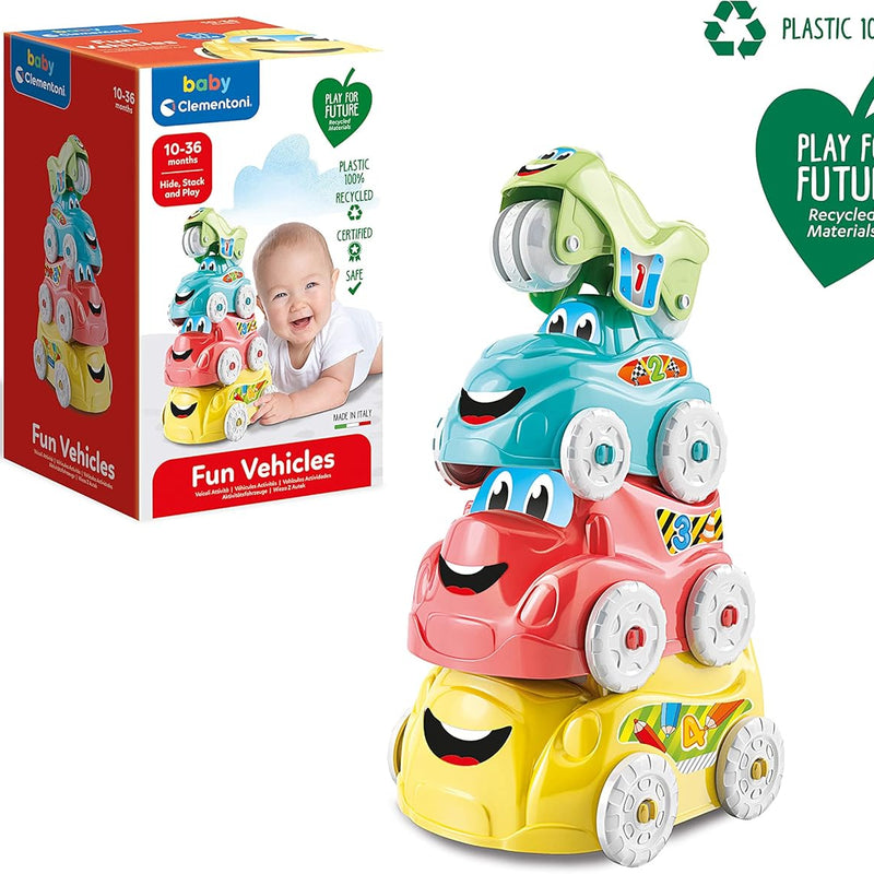 Baby Clementoni – Activity Vehicles, Cars for Children 10+ Months, Early Childhood Toy Made in Italy, Play For Future, 4 Stacking Vehicles for Developing Coordination, Manuality and Creativity, 17111