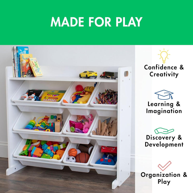 Humble Crew Kids Storage Shelf Organizer Toy Storage Rack with 9 Storage Boxes, White/White