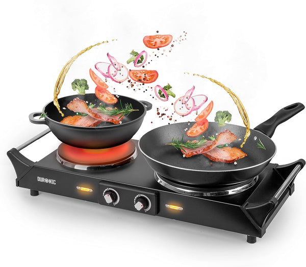 Duronic HP2 BK Electric Stove 2500W 2 Cast Iron Plates with Heat-Insulated Handles Adjustable Temperature Portable Hob for Camping Travel Office and Home Steel I