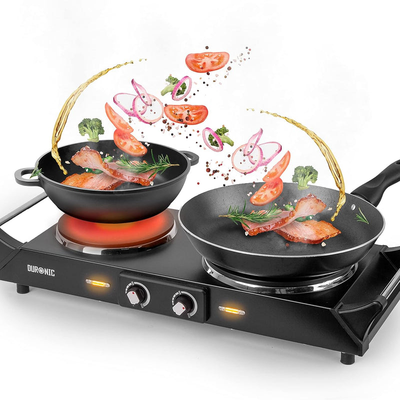Duronic HP2 BK Electric Stove 2500W 2 Cast Iron Plates with Heat-Insulated Handles Adjustable Temperature Portable Hob for Camping Travel Office and Home Steel I