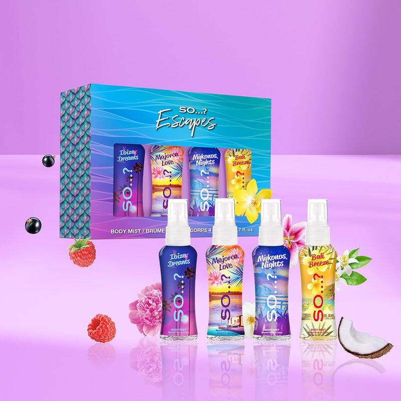 So…? Summer Escapes Womens Gift Sets Bundle, Body Mist Fragrance Spray (4x50ml)