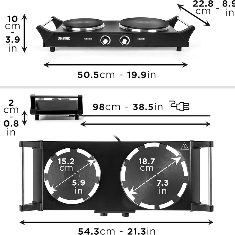 Duronic HP2 BK Electric Stove 2500W 2 Cast Iron Plates with Heat-Insulated Handles Adjustable Temperature Portable Hob for Camping Travel Office and Home Steel I