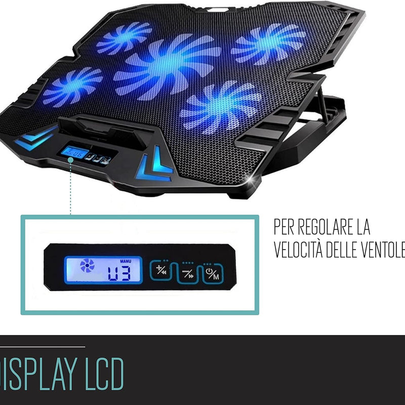 Ewent EW1259 Laptop Cooling System Stand for Notebook, MacBook 15.6 / 17 Inch with 5 Quiet Fans with Adjustable Speed and LED Light, 30 x 37 x 3.8 cm